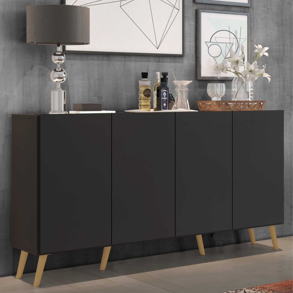 BUFFET 4 PUERTAS NEGRO / PIES RETRO NATURAL