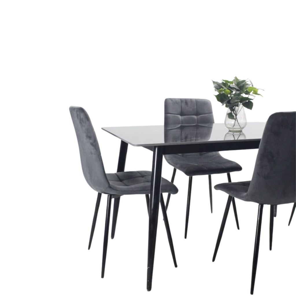 Comedor vitral tipo mármol negro + set 4 Silla GRIS 