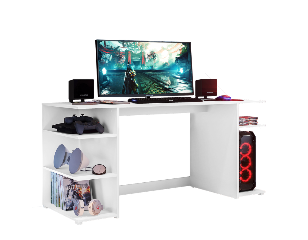 Escritorio Gamer 3 Estantes Laterales blanco