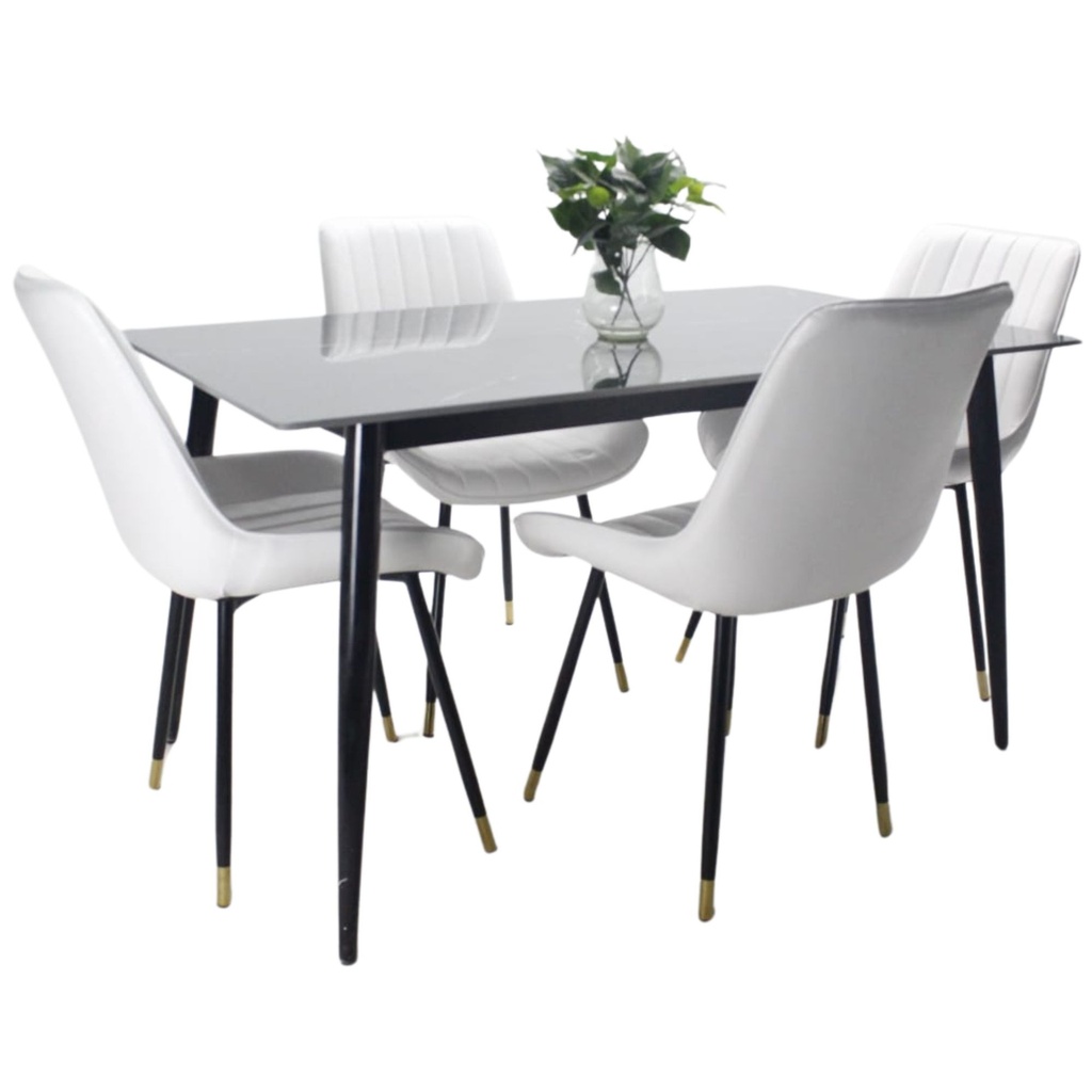 Comedor vitral tipo mármol negro + set 4 Silla blanca PU 