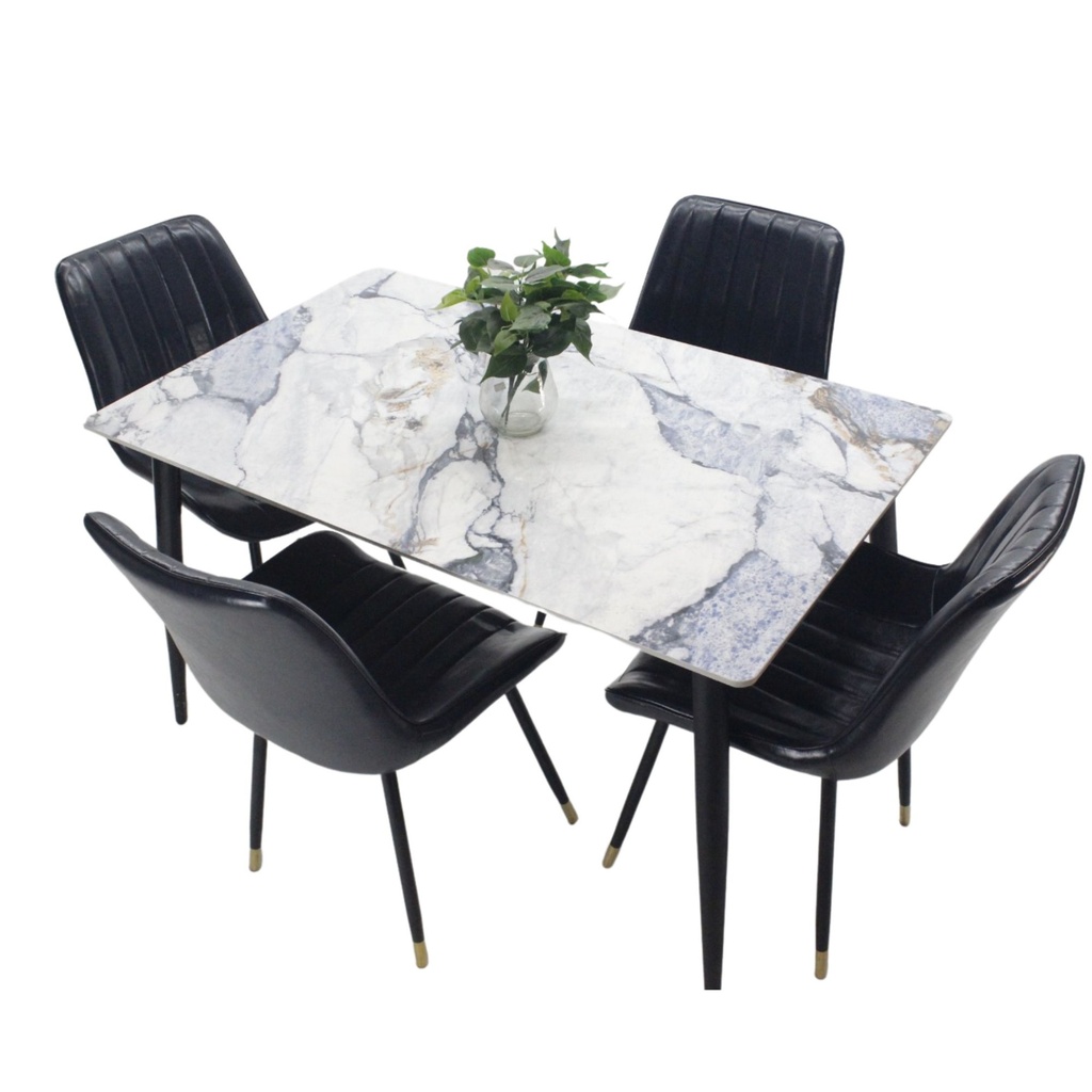 Comedor vitral tipo mármol AZUL+ set 4 Silla NEGRA PU