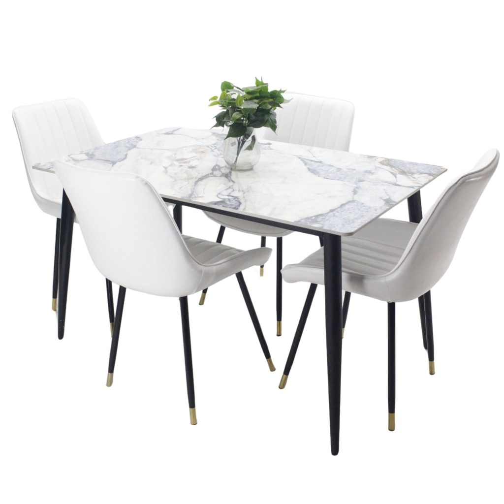 Comedor vitral tipo mármol AZUL + set 4 Silla BLANCA PU