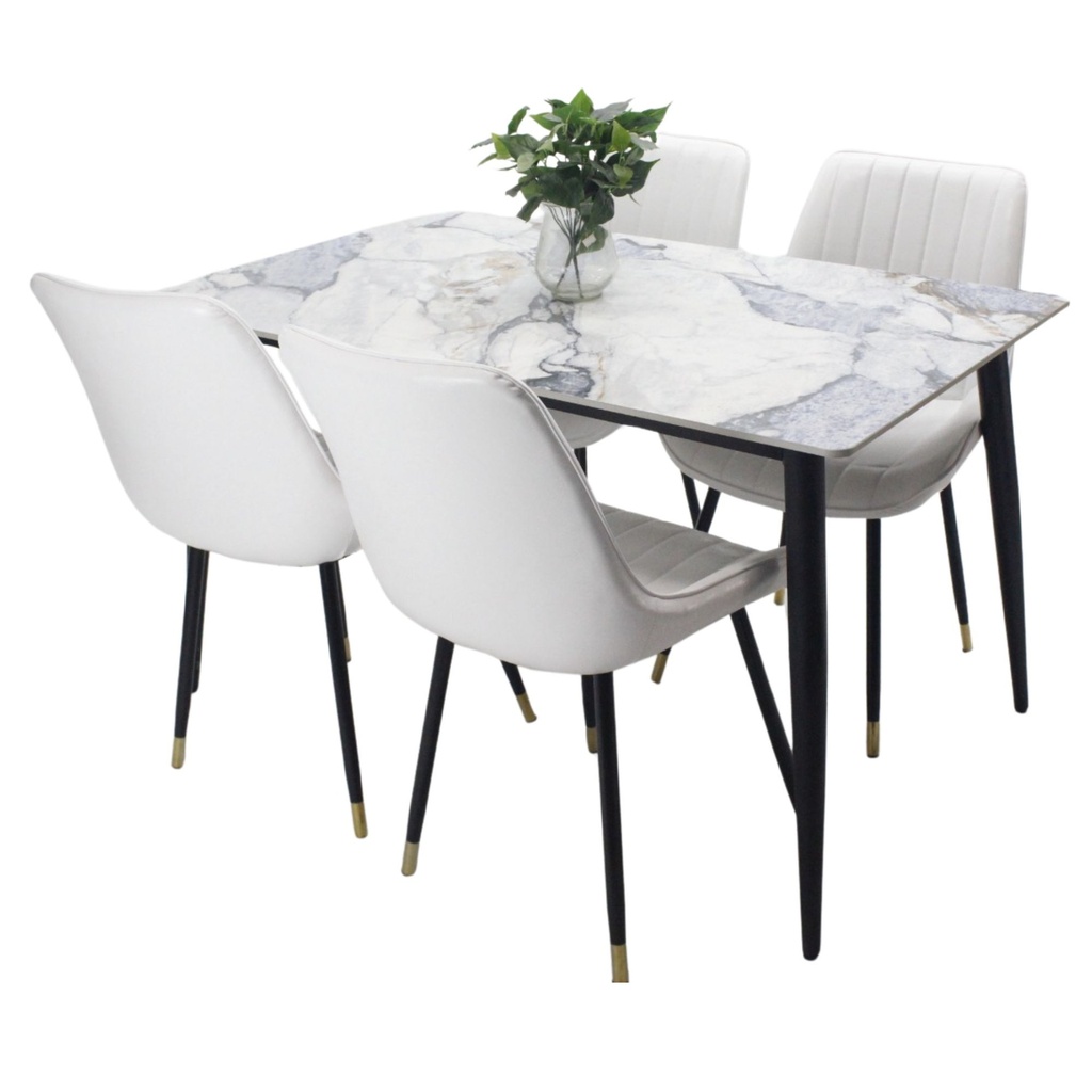 Comedor vitral tipo mármol AZUL + set 4 Silla BLANCA PU