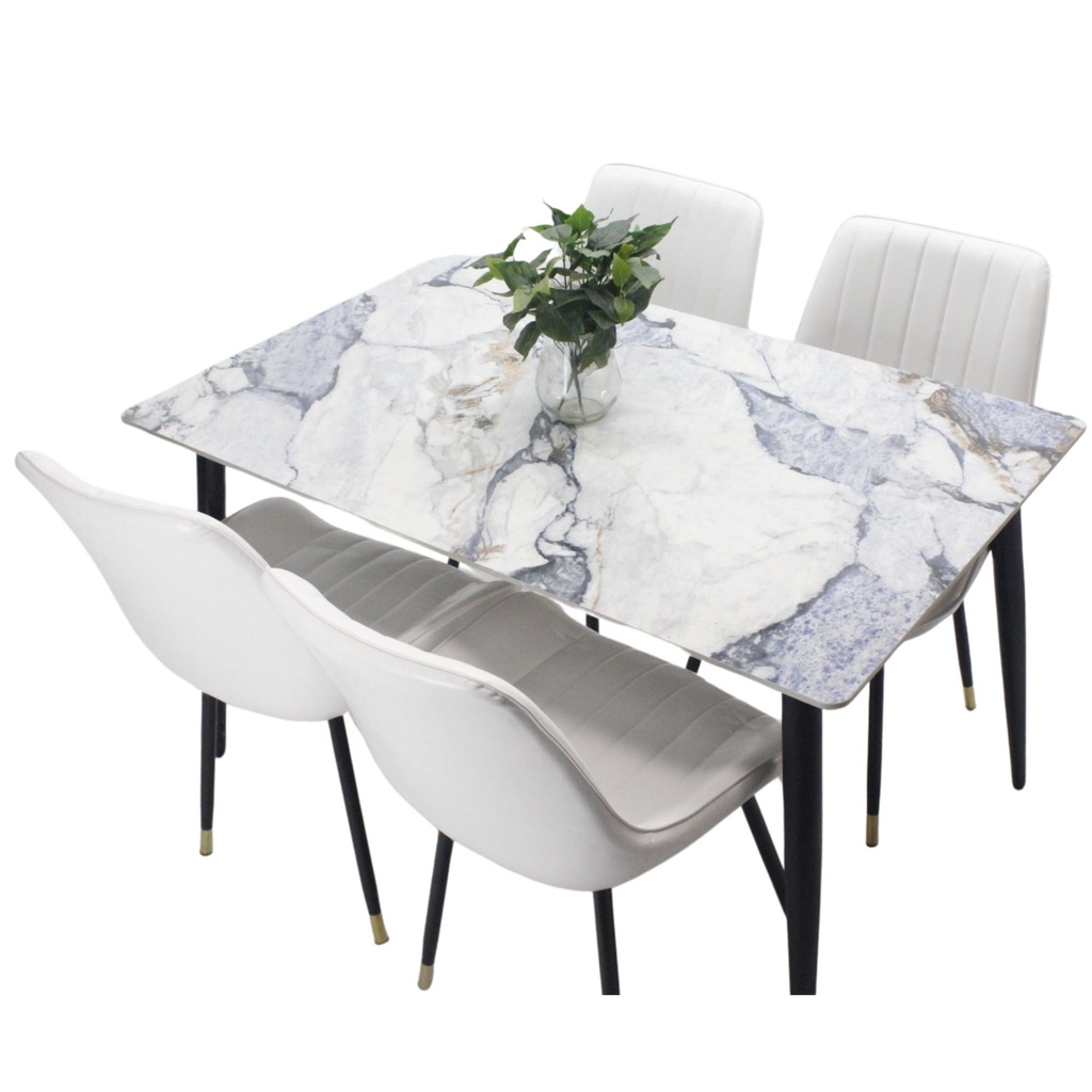 Comedor vitral tipo mármol AZUL + set 4 Silla BLANCA PU