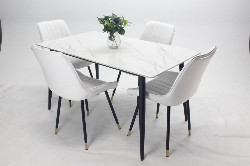 Comedor vitral tipo mármol blanco + set 4 Silla blanca PU 