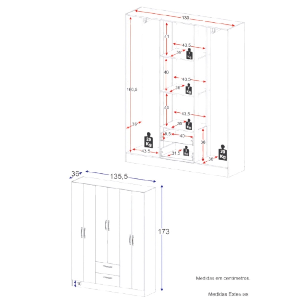 Medidas exteriores e interiores del clóset de 6 puertas y 2 cajones: 173 × 135,5 × 36 cm