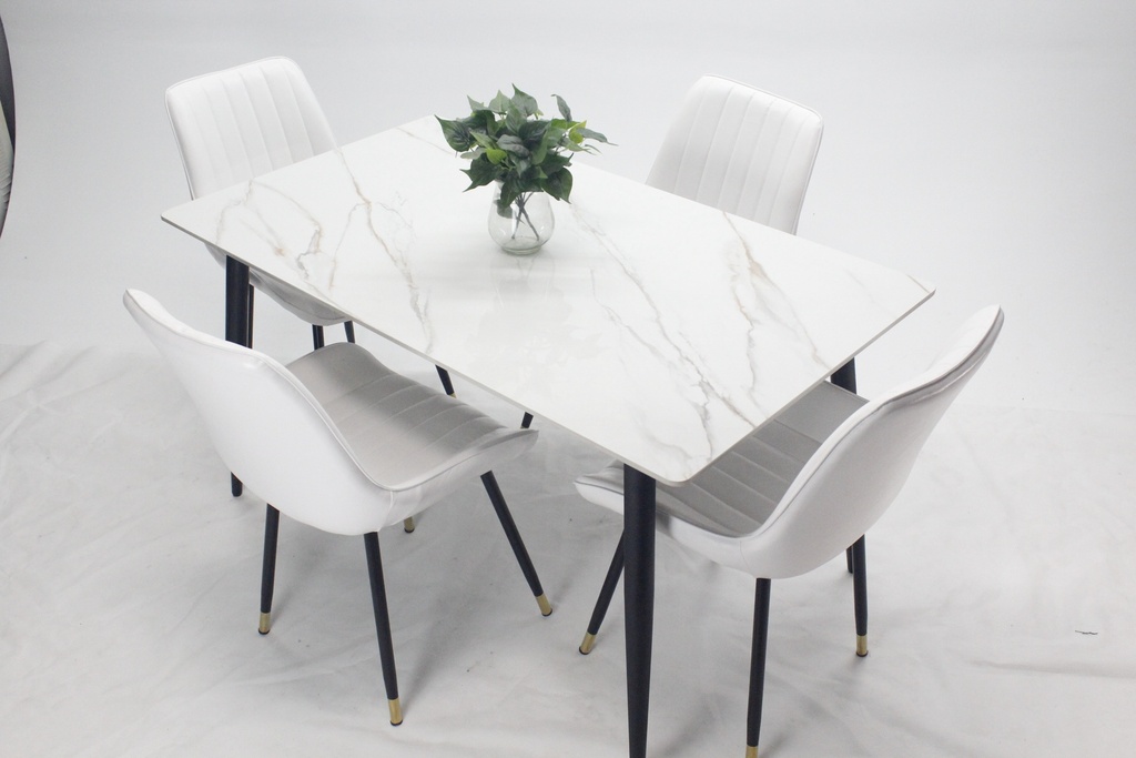 Comedor vitral tipo mármol blanco + set 4 Silla blanca PU 
