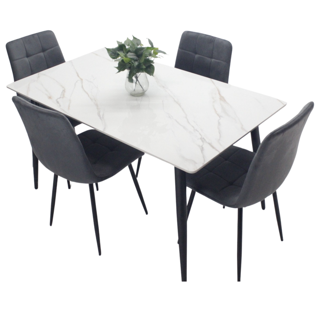 Comedor vitral tipo mármol blanco + set 4 Silla GRIS