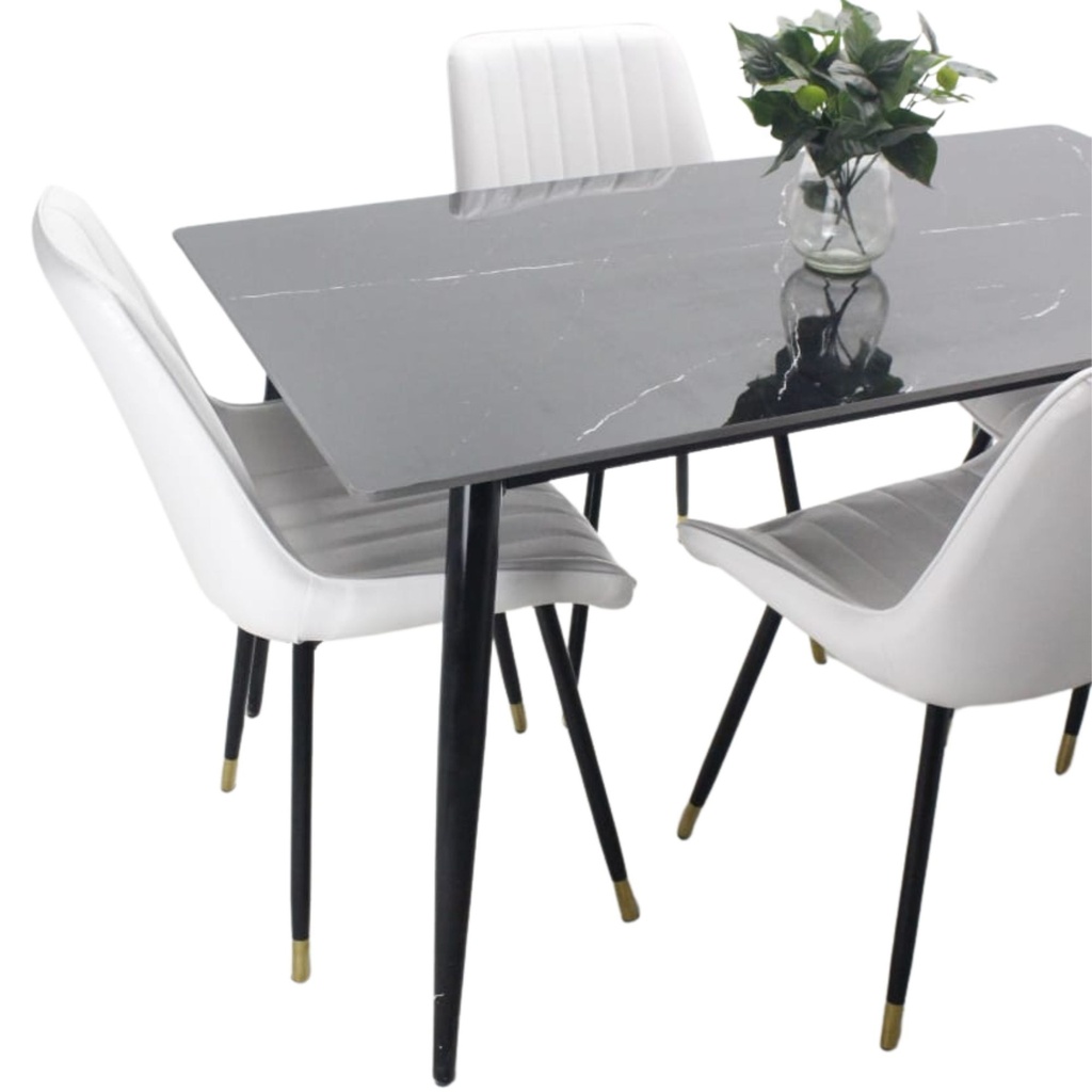 Comedor vitral tipo mármol negro + set 4 Silla blanca PU 