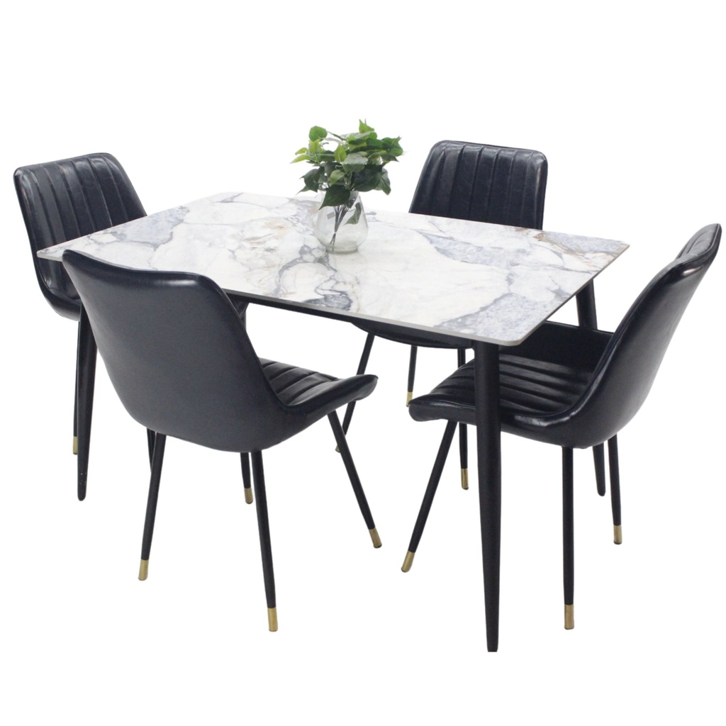 Comedor vitral tipo mármol AZUL+ set 4 Silla NEGRA PU