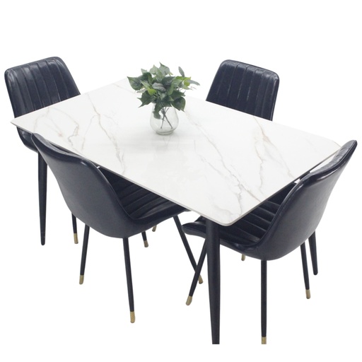 [100410] Comedor vitral tipo mármol blanco + set 4 Silla Negra PU 