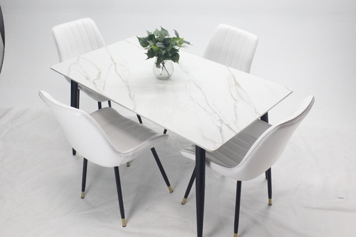 [100411] Comedor vitral tipo mármol blanco + set 4 Silla blanca PU 