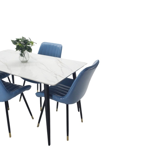 [100412] Comedor vitral tipo mármol blanco + set 4 Silla AZUL PU