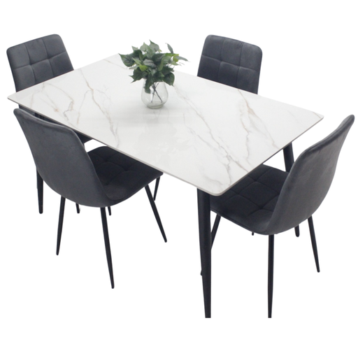 [100413] Comedor vitral tipo mármol blanco + set 4 Silla GRIS