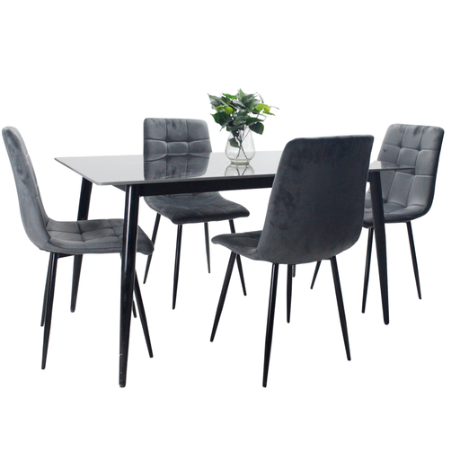 [100416] Comedor vitral tipo mármol negro + set 4 Silla GRIS 