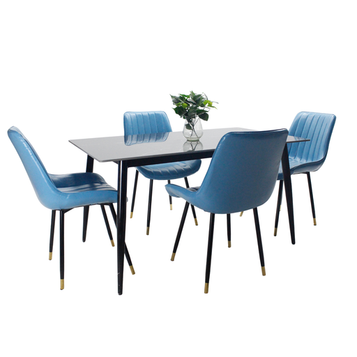 [100417] Comedor vitral tipo mármol negro + set 4 Silla AZUL PU