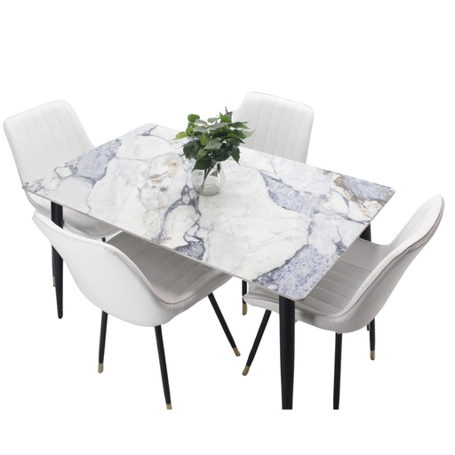 [100419] Comedor vitral tipo mármol AZUL + set 4 Silla BLANCA PU