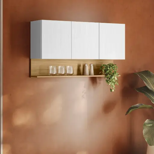 [100587] Mueble superior Supremo 3P / Blanco- castaño claro  